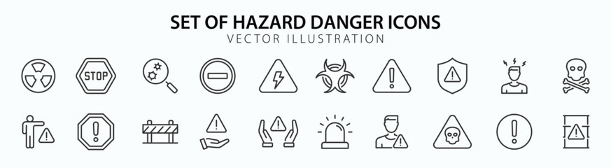 Hazard Danger web icons in line style. Risk, toxic, explosive, flammable collection. Vector illustration.
