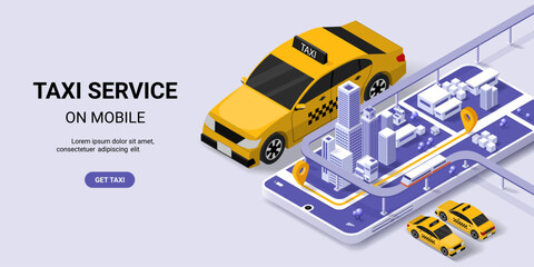 Vector illustration of Taxi service application via phone with Maps and navigation. Taxicab, Get a taxi, Car sharing, Travel, Concept for order Taxi online service. Landing page, Website, Banner © Nostagrams