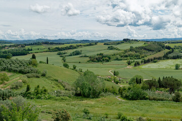 Panoramic view from Peccioli village of the surrounding countryside . Pisa, Tuscany Italy