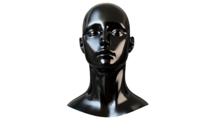 "A black mannequin head with a realistic facial structure, isolated on transparent background, highlighting its use for displaying hats or scarves