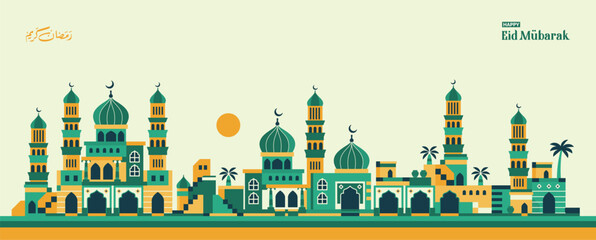 Naklejka premium Orange geometric arabic city landscape pattern, Ramadan Kareem, Eid al-Fitr with bright colored Arabic and Islamic icons