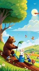 Fototapeta premium A painting of a bear and two rabbits watering a tree.