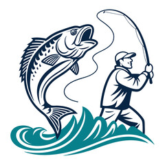 Vintage-Style Illustration of a Fisherman Catching a Large Fish .