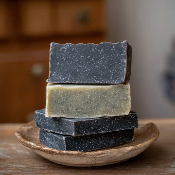 Organic vegan soap with activated charcoal, showcasing natural aesthetic
