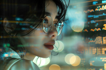A young woman wearing glasses is seen with an overlay of digital data, creating a futuristic atmosphere. The scene blends the observer with the observed technology and information.