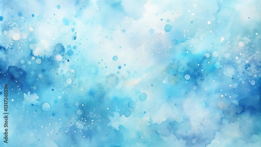Poster abstract watercolor background with light blue and white hues and randomly scattered splashes and do