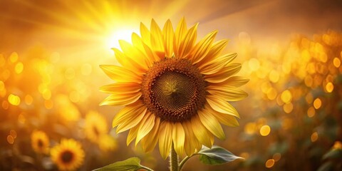 Fototapeta premium A single sunflower blooms brightly against a backdrop of warm sunlight and a field of out-of-focus sunflowers.