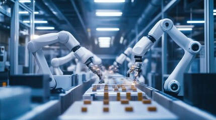 Fototapeta premium Automated precision: Collaborative robotic arms in high-tech manufacturing