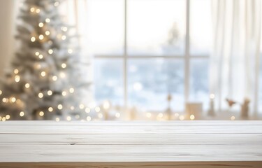 A blurred Christmas tree and decorated window interior background with a wooden table top in the foreground creates a festive and inviting setting, ideal for product display.