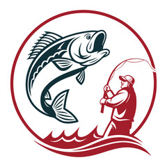 Vintage-Style Illustration of a Fisherman Catching a Large Fish .