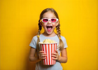 Obraz premium Excited Child with Popcorn and 3D Glasses at Movie Theater