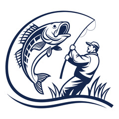 Vintage-Style Illustration of a Fisherman Catching a Large Fish .