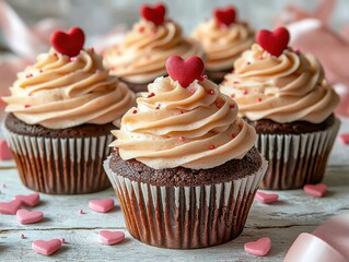  Elegant Valentine's Day Cupcakes: Decorative cupcakes with heart toppers, beautifully presented on a bakery background, perfect for celebrating love.