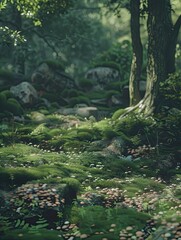 Sun-Kissed Mossy Realm, A Tapestry of Life in the Forest Depths