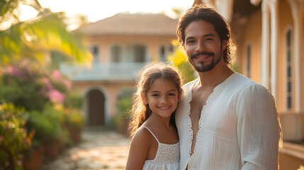 Obraz premium Serene Father-Daughter Moment: A heartwarming portrait of a father and daughter, basking in the warm glow of the setting sun, posing for a shot. The scene captures a moment of pure joy, affection.