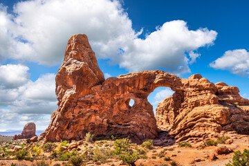 Turret Arch in Arches national park, Utah. Turret Arch is a natural free standing arch in the Windows area of Arches National Park. © mandritoiu