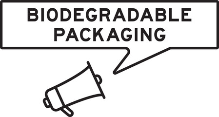 Megaphone icon with speech bubble in word biodegradable packaging on white background