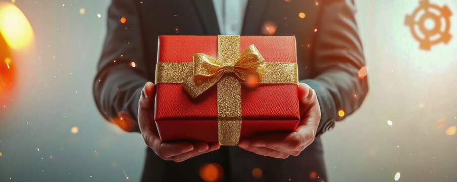 A confident businessman in a suit presenting a gift with a hand to a person showcasing the spirit of generosity and success among people in a professional setting