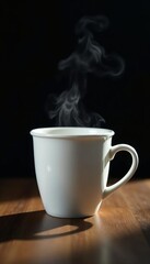 Close-up of a white paper classic coffee cup with steam, against dark background, beverage, disposable