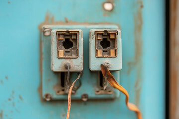 Close-up of an old, unsafe electrical panel with exposed wires and burned-out fuses in an emergency housing unit
