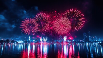 Golden and red fireworks illuminate the dark sky, casting shimmering reflections on the tranquil lake below.