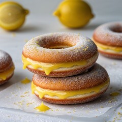 Lemon Filled Donut A donut filled with tangy lemon curd and dusted with sugar food portrait photography display on red background