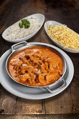 Chicken Stroganoff with rice and fries