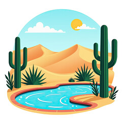 Cartoon illustration of a desert oasis featuring a pool, cacti, sand dunes, and a clear sky on a transparent background