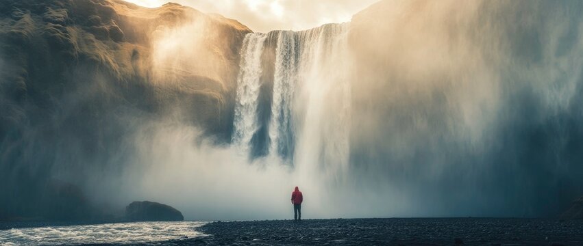 Awe-inspiring waterfall vista in Iceland with solitary figure.