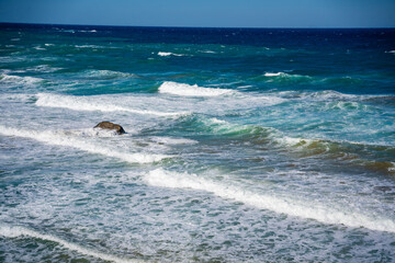 A wild beach with a rugged rocky coastline and powerful waves crashing against the shore in Northern Cyprus. Raw energy of nature and the untamed beauty of the Mediterranean Sea