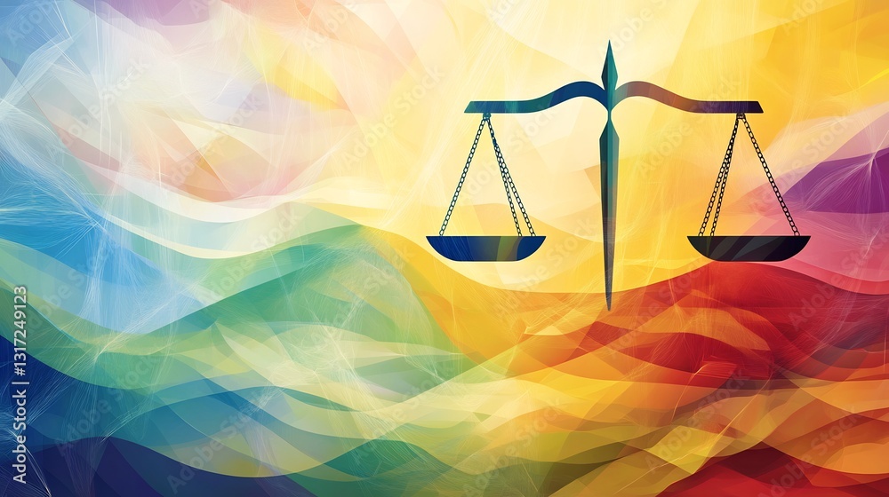 Poster abstract depiction of negotiation flowing geometric forms symbolic balance scales representing compr