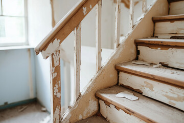Medium shot of an old wooden staircase with broken steps and a loose railing in a rundown apartment building.  © Olga