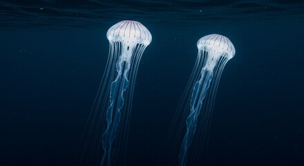 Graceful Jellyfish Dance in the Deep - Two luminous jellyfish drift serenely in the dark ocean depths, symbolizing mystery, tranquility, beauty, the unseen, and the ocean's depths