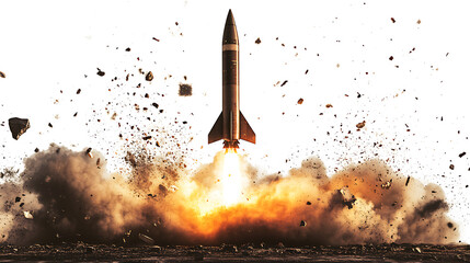 Fototapeta premium Rocket launch with fire and smoke trail isolated on white and transparent background. AI PNG