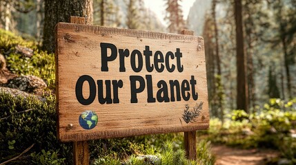 Wood Sign in Forest Urging Care for Nature and Environment