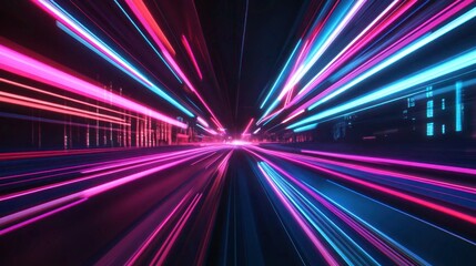 Neon illuminated city street with fast moving lights in the night time