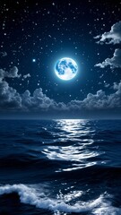 A view of the ocean at night with a full moon in the sky.