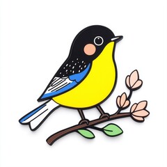 Obraz premium Colorful cartoon bird illustration perched on a branch surrounded by flowers, perfect for creative projects
