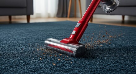 Home Cleaning with Cordless Vacuum Cleaner - Cleaning carpet, removing dirt, home hygiene, efficient cleaning, cordless convenience