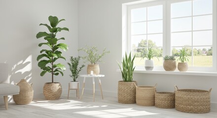 Fototapeta premium Home Interior with Potted Plants and Wicker Baskets - Bright and airy living room featuring various potted plants in wicker baskets, near a window with natural light