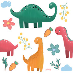 Seamless pattern, Children's fabric patterns include drawings of Dinosaur, flowers, carrot, in a lively, imaginative