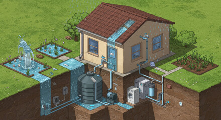 Home Water Management System - Illustrated diagram showing a house's complete water system, from rainwater harvesting to greywater recycling and home appliance usage