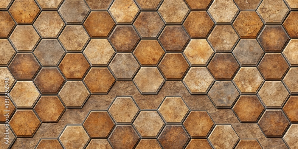 Poster A seamless pattern of hexagon-shaped stone tiles in shades of brown, creating a textured and rustic background.