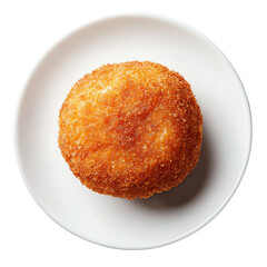 A round, golden-brown fried food item sits on a white plate, showcasing its crispy texture and appetizing appearance. isolated on white background.