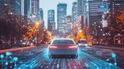 Autonomous Vehicle Navigating Cityscape with Advanced Technology Interface
