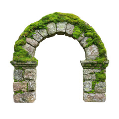 An ancient stone arch covered with vibrant green moss, showcasing weathered textures and historical charm. isolated on white background.