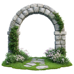 A decorative stone archway adorned with lush greenery and vibrant flowers, leading to a pathway. isolated on white background.