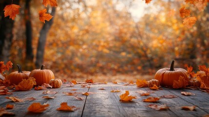 Empty fall table with scattered pumpkins and leaves, warm lighting creating a cozy atmosphere for product display