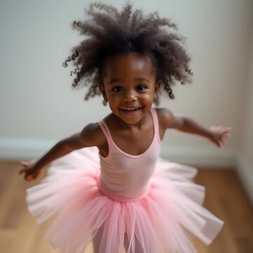 Ni&ntilde;a peque&ntilde;a africana vestida de bailarina y feliz