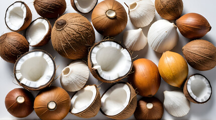 A variety of coconuts of differing maturity, artfully arranged on a clean white surface, showcasing the beauty and texture of their natural shells and pulp.